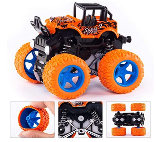 PACK OF 2 PCS Monster Truck Friction Powered Cars Toys, 360 Degree Stunt 4wd Cars Push go Truck for Toddlers Kids Gif