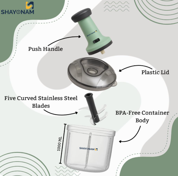 Quick & Easy Square 6 Blade Push Chopper Push N Chop Hand Press Vegetable Chopper with Easy Push and Close - 1000 Ml