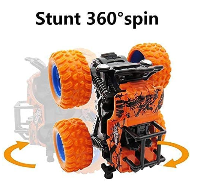 PACK OF 2 PCS Monster Truck Friction Powered Cars Toys, 360 Degree Stunt 4wd Cars Push go Truck for Toddlers Kids Gif
